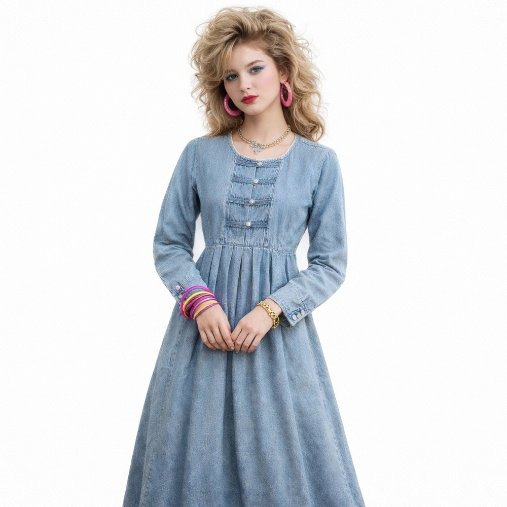Vintage‎ 80s FADS Womens Size 8 Petite Denim Dress Button Up Lace Pleated Modest
